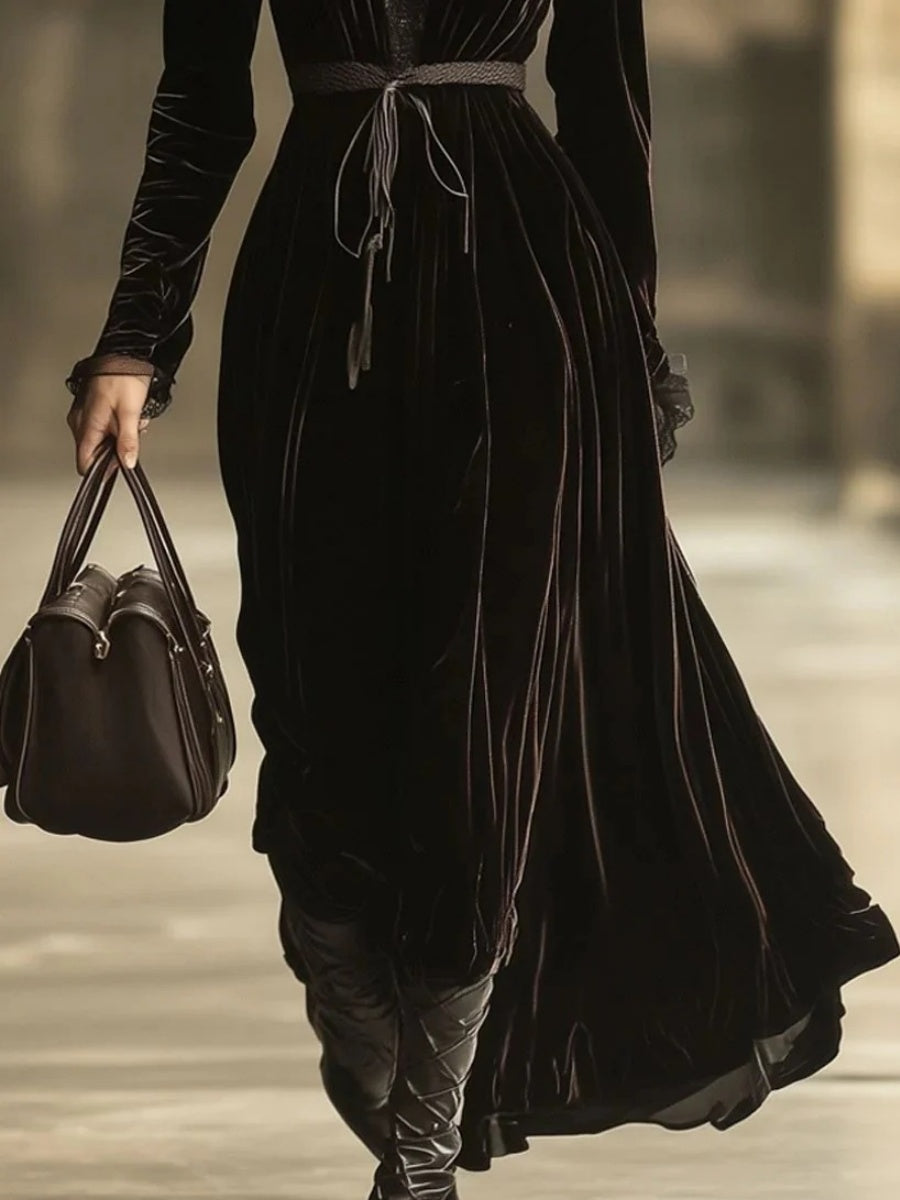 Retro Velvet Lace Stitching Maxi Dresses