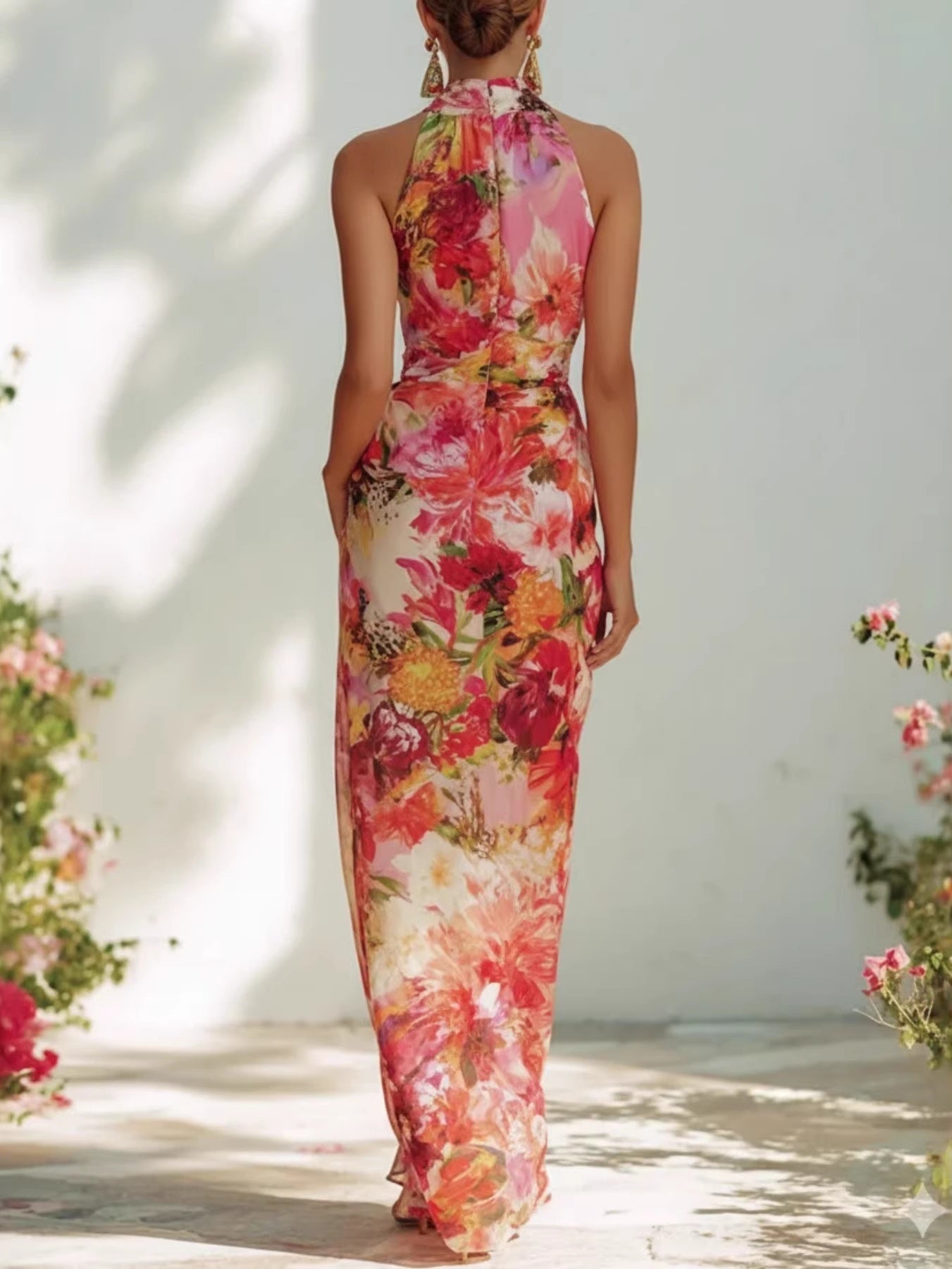 Elegant Floral Halter Neck Sleeveless Fitted Chiffon Long Dress