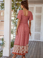 Printed Color-blocked Square Neck Short Sleeve Maxi Dresses