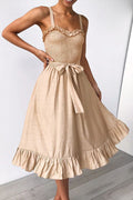 Smocked Bodice Wide Strap Tie Waist Ruffle Hem Midi Dress
