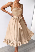 Smocked Bodice Wide Strap Tie Waist Ruffle Hem Midi Dress