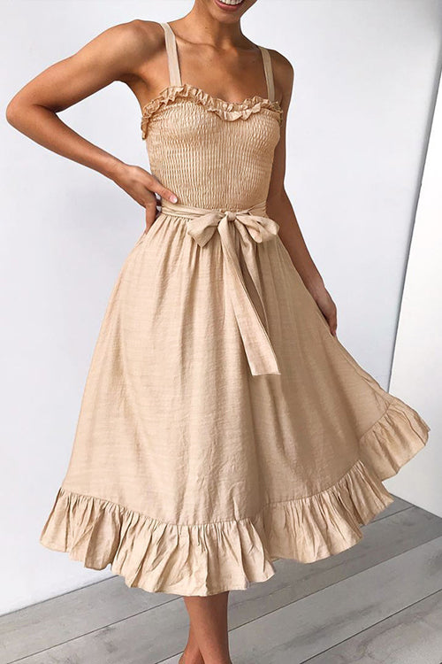 Smocked Bodice Wide Strap Tie Waist Ruffle Hem Midi Dress