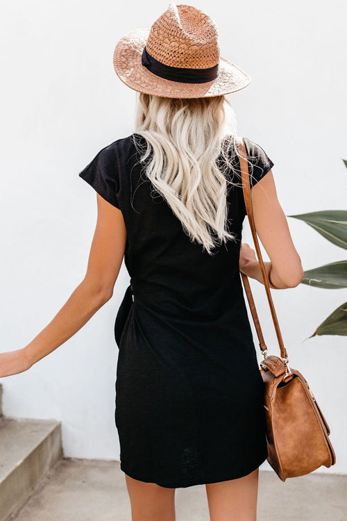 Crew Neck Short Sleeve Side Knot Twist Waist T-Shirt Mini Dress
