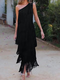 Tassel Sloping Shoulders Asymmetrical Maxi Dresses