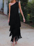 Tassel Sloping Shoulders Asymmetrical Maxi Dresses