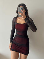 Fitted Mesh Long-Sleeved Bodycon Deep Red Short Dress