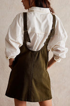 Deep V-Neck Patch Pocket Denim Pinafore Shift Mini Dress