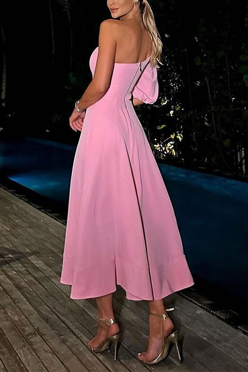 3D Flower One Shoulder Cut Out Waist A-line Midi Dress