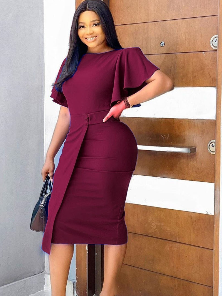 Commuting Lotus Leaf Sleeves Buttons Solid Color Mini&Short Dresses