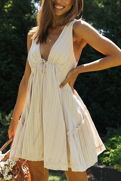 Deep V-Neck Sleeveless Empire Tie Waist Tiered Ruffle Babydoll Mini Dress