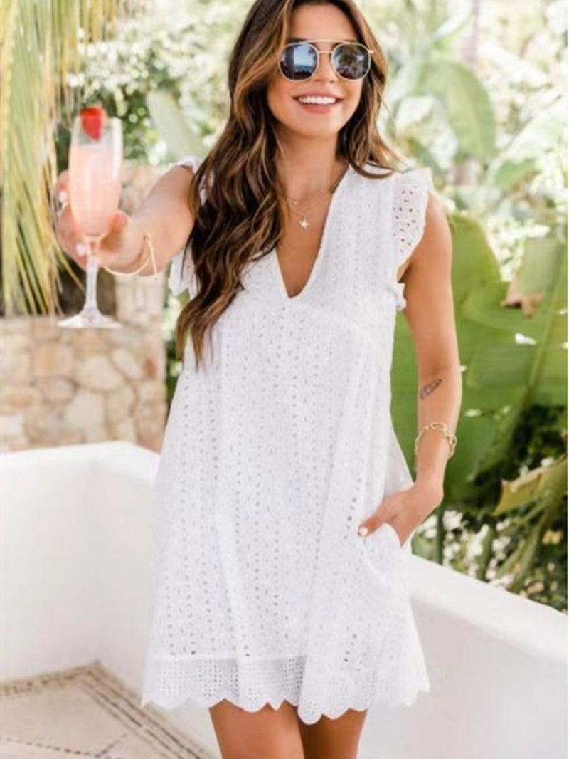 Lace Jacquard Openwork V-neck With Ruffles Solid Color Mini&Short Dresses