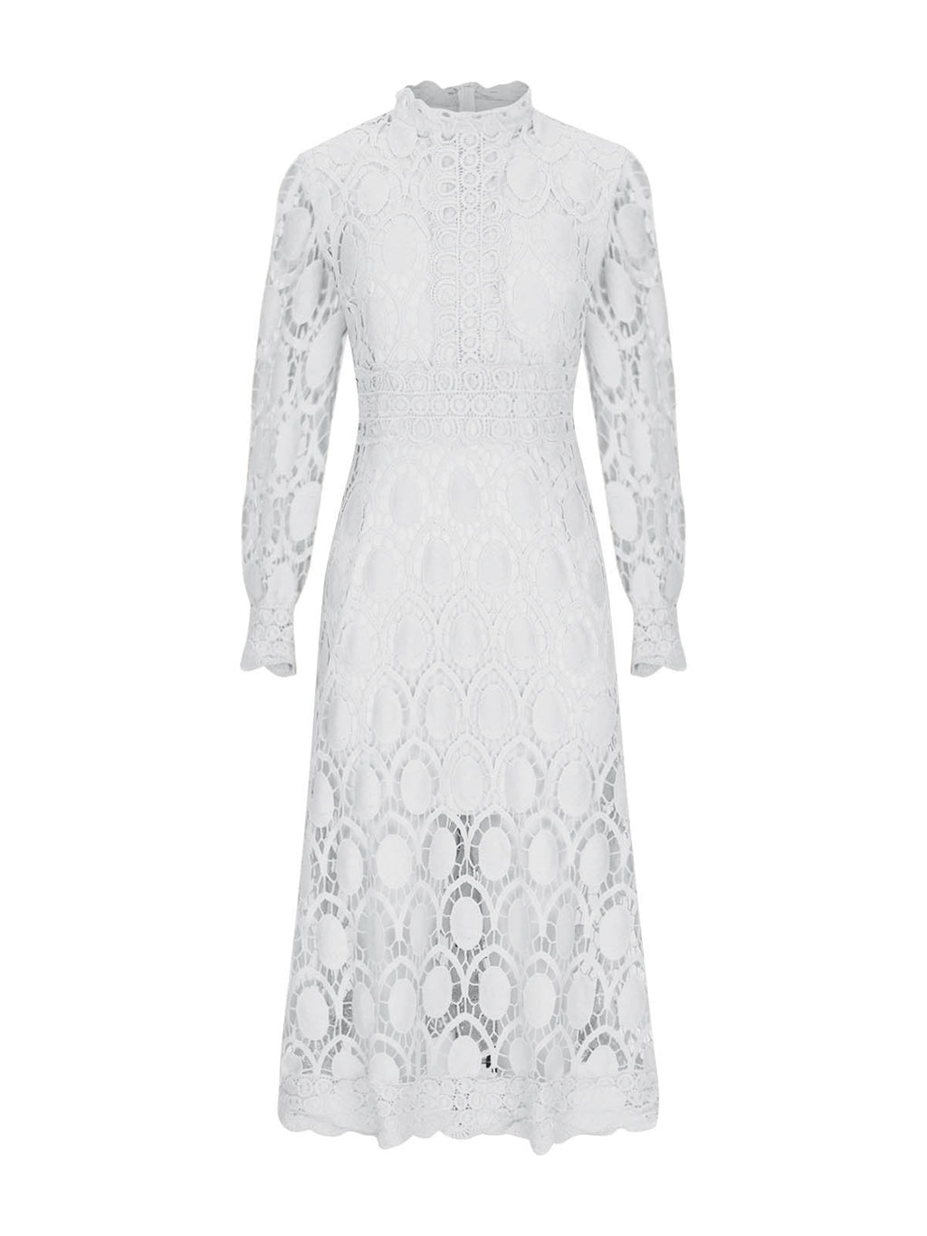 Hollow-out Long-sleeved Stand-up Collar Short Dress With Lace Trim