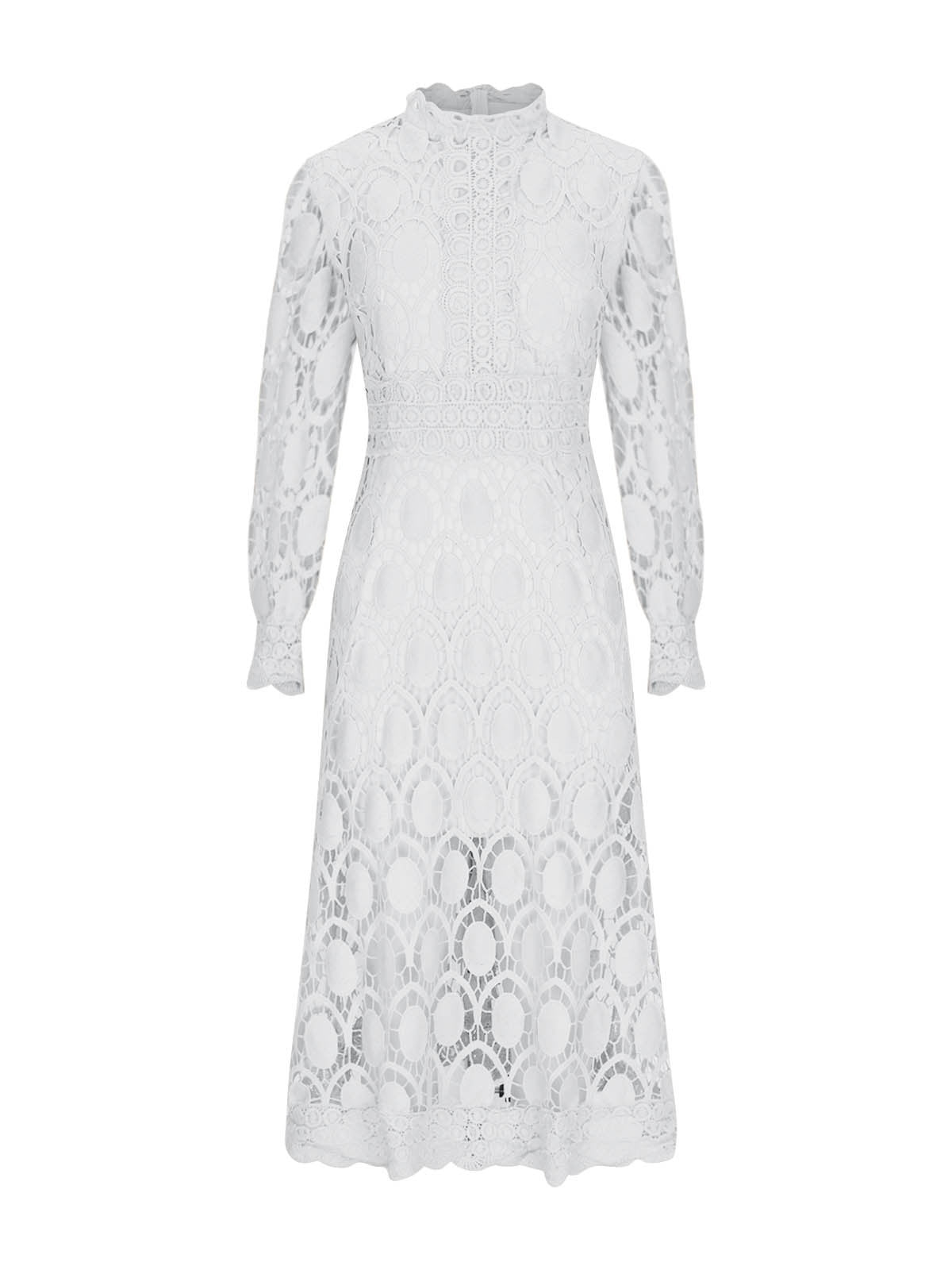 Hollow-out Long-sleeved Stand-up Collar Short Dress With Lace Trim