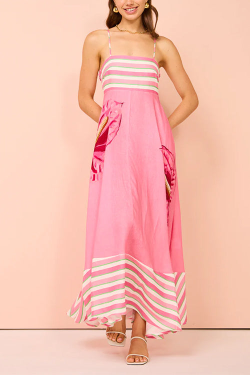 Backless Stripes Splice Floral Print Swing Maxi Cami Dress