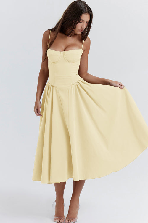 Spaghetti Strap Corset Bodice Box Pleat A-Line Midi Dress