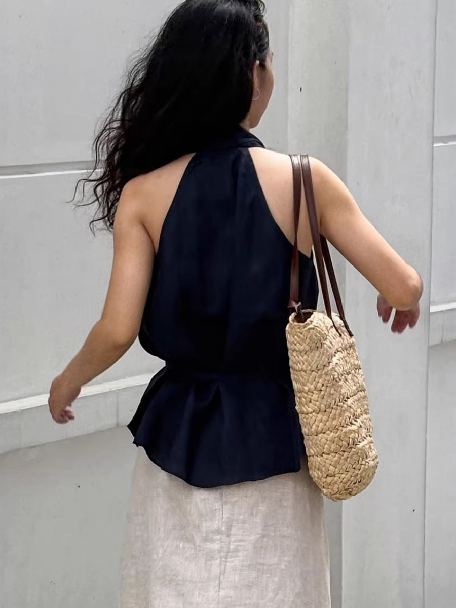 Cotton Blend Halter Navy Blue Lace Up Comfort Temperament Commuting Tank Tops