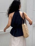 Cotton Blend Halter Navy Blue Lace Up Comfort Temperament Commuting Tank Tops