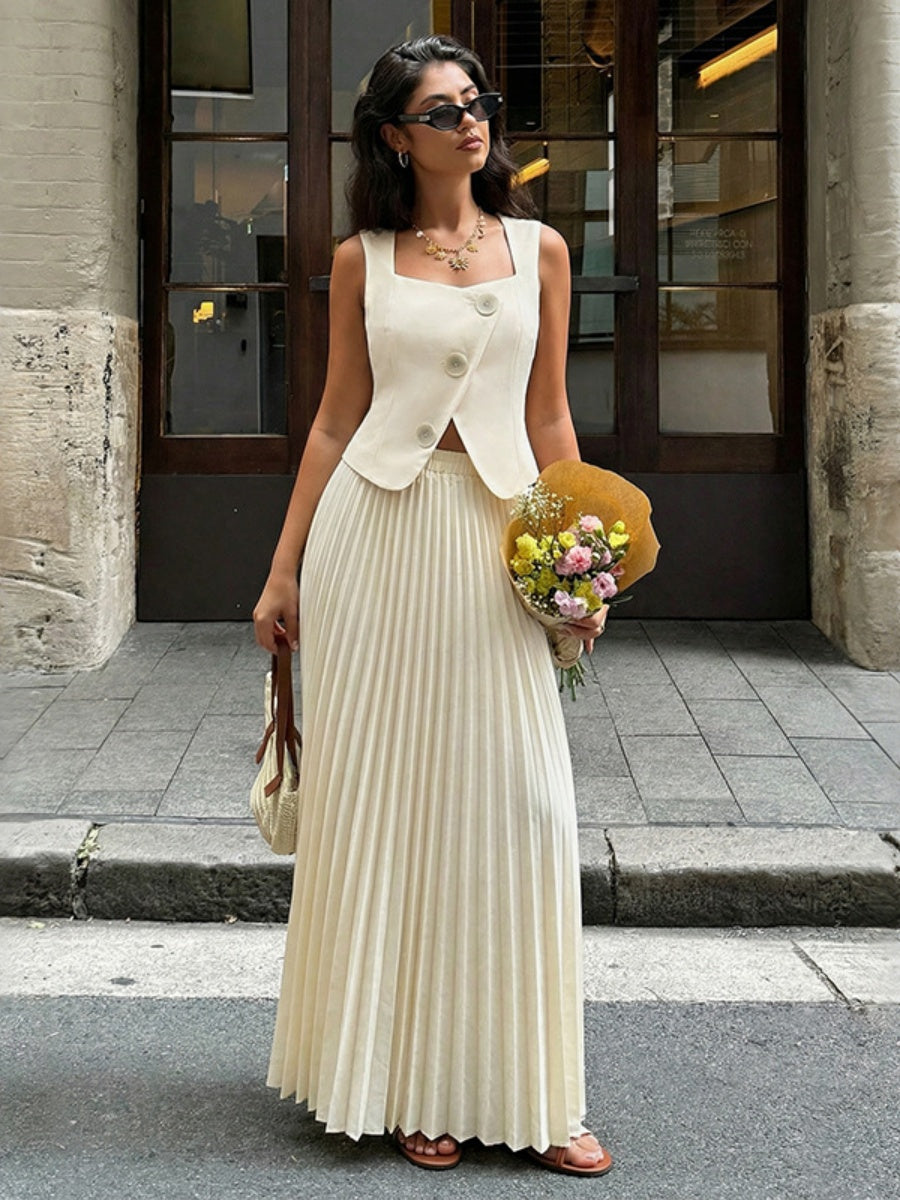 Pleated Long Skirt Square Neck Top Elegant Suit 2-piece Sets