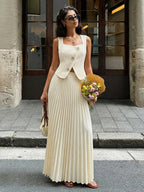 Pleated Long Skirt Square Neck Top Elegant Suit 2-piece Sets