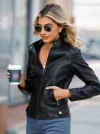 Street Cool Thin Stand Collar Zipper Leather Jacket