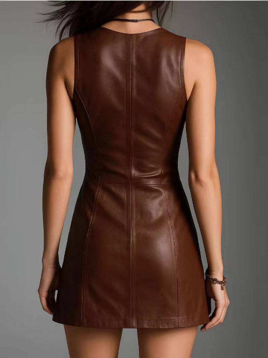 PU Leather Zipper V-neck Sleeveless Mini&Short Dresses
