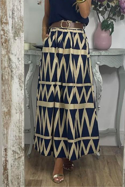 Pocketed Geometric Printed A-line Maxi Swing Skirt