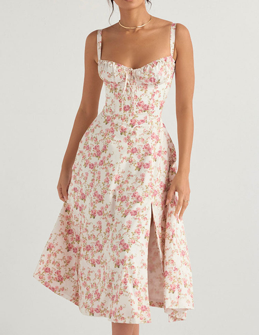 Ditsy Floral Print Sweetheart Corset Front Slit Midi Dress