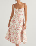 Ditsy Floral Print Sweetheart Corset Front Slit Midi Dress