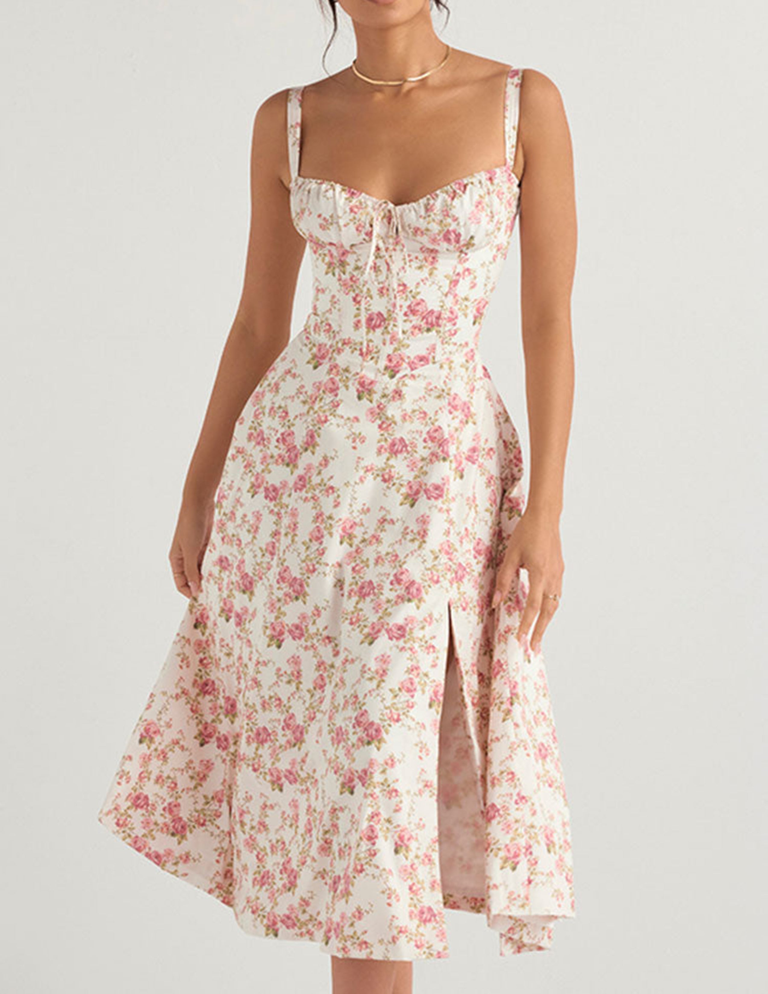 Ditsy Floral Print Sweetheart Corset Front Slit Midi Dress