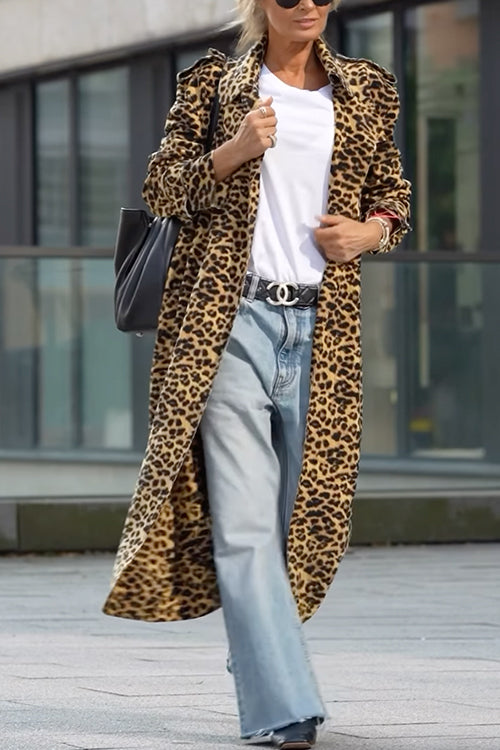 Lapel Open Front Leopard Midi Trendy Coat