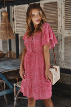 Ditsy Floral Print Surplice V-Neck Flutter Sleeve Drawstring Waist Ruffle Hem Mini Dress