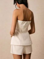 Button-down Strapless Top And Wide-leg Shorts Set