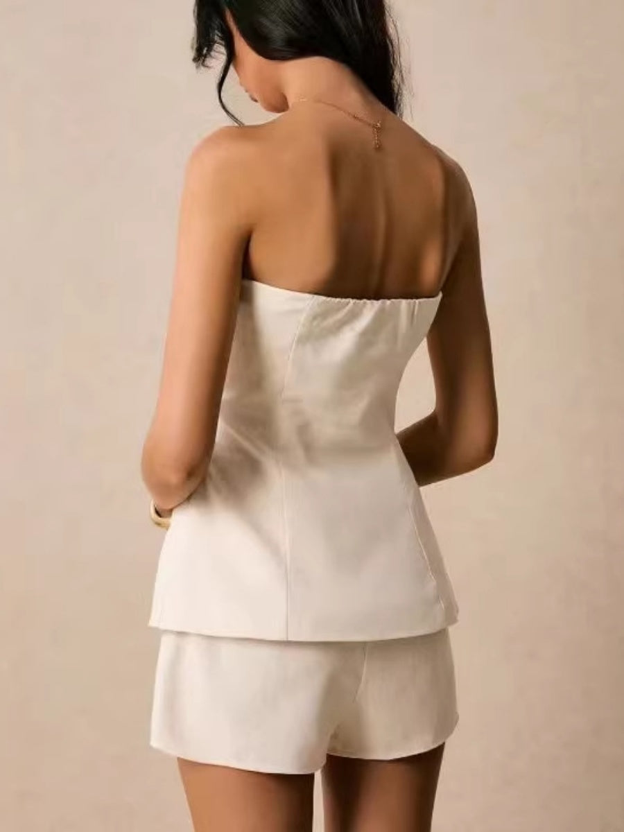 Button-down Strapless Top And Wide-leg Shorts Set