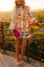 Puff Long Sleeves Button Up Floral Print Ruffle Mini Dress