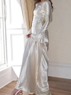 Liber Autumn Women's Backless Solid Color Long sleeve Satin Maxi Dresses