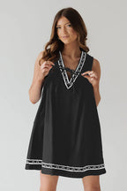 Embroidered V-Neck Tie Drawstring Lace Trim Pocket Chambray Mini Dress
