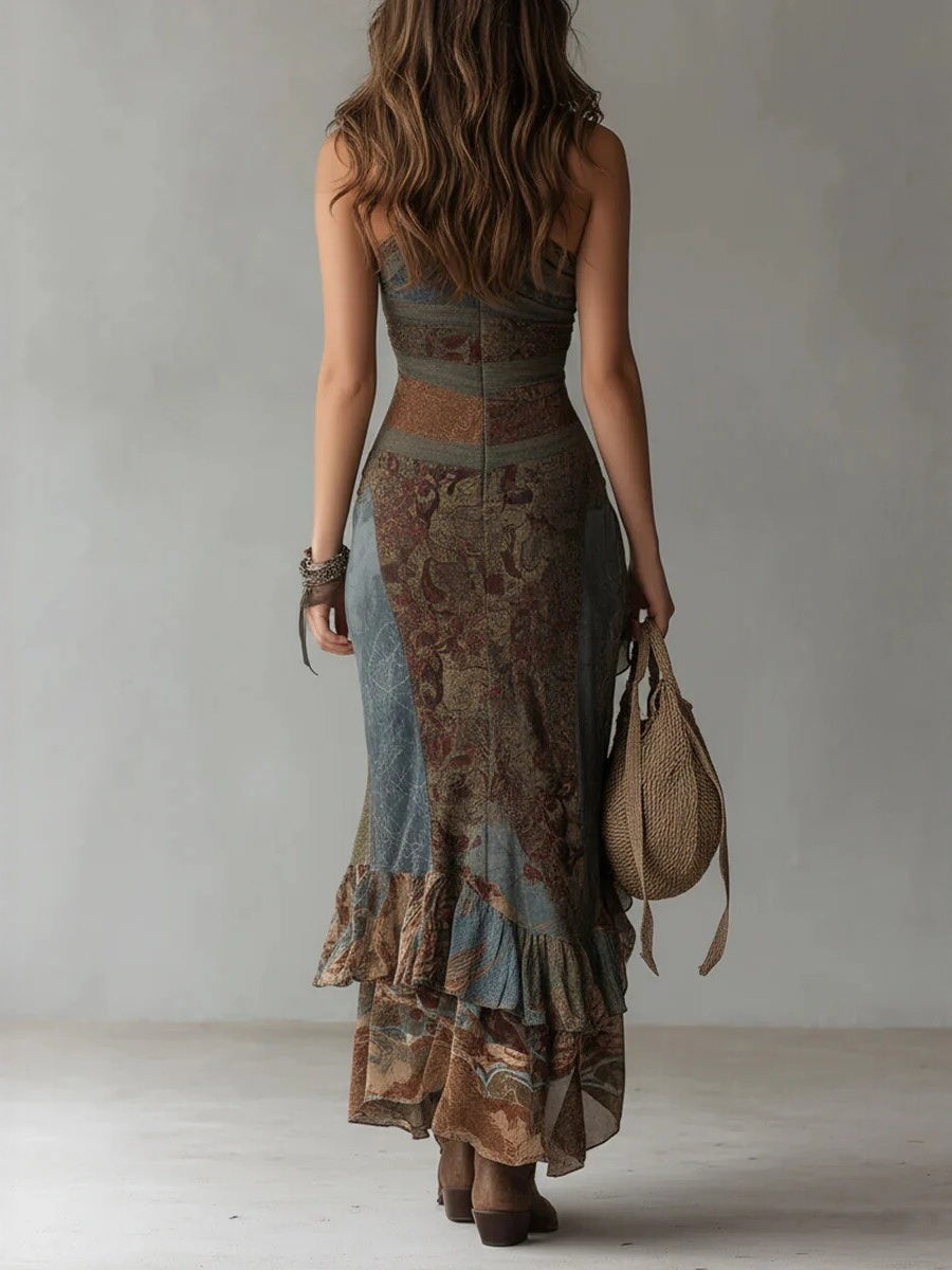 Retro Patchwork Print Asymmetrical High Slit Maxi Dress