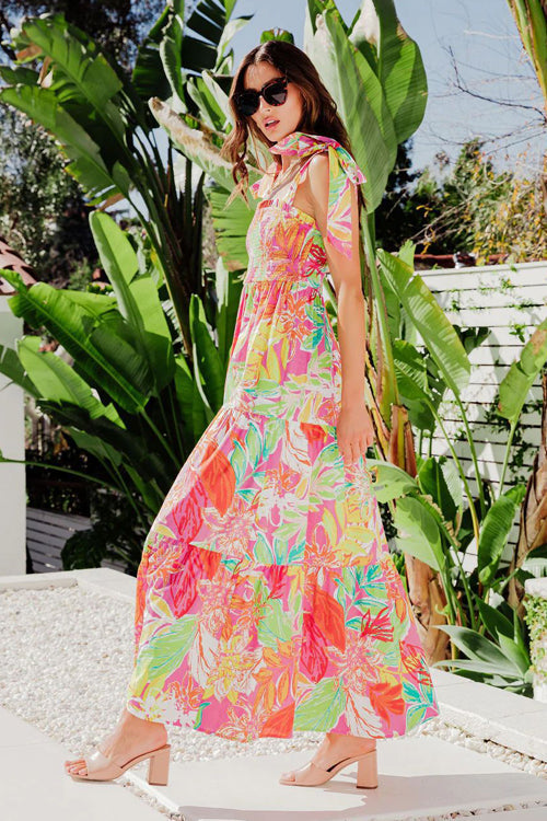 Smocked Square Neck Tie Shoulder Tiered Tropical Floral Maxi Dress