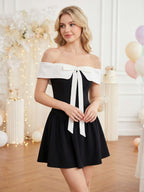 Off-shoulder Bow Waist Tie Short Sleeves Mini&Short Dresses