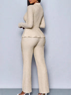 Long-sleeved, Irregular Hem, Fitted Top And Slimming Solid Color Trousers Two-piece Set