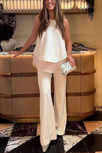 Tie Knot Shoulder Sleeveless Fringe Hem Top