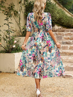 Waist-cinching Deep V-neck Floral Print Maxi Dresses