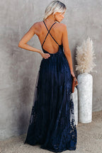 Halter Deep V-Neck Lace Floral Embroidered Empire Waist Backless Maxi Dress