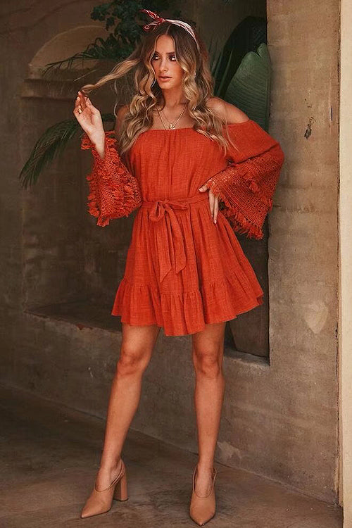Off-the-Shoulder Bell Sleeve Eyelet Lace Fringe Trim Tie Waist Wrap Mini Dress