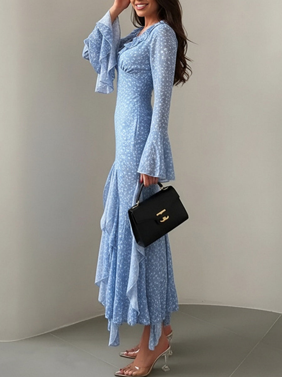 V-neck Ruffle Floral Print Irregular Hem Vacation Midi Dresses