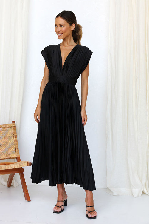 Pleated Satin Deep V-Neck Cap Sleeve Cinched Waist A-Line Midi Dress