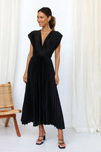 Pleated Satin Deep V-Neck Cap Sleeve Cinched Waist A-Line Midi Dress