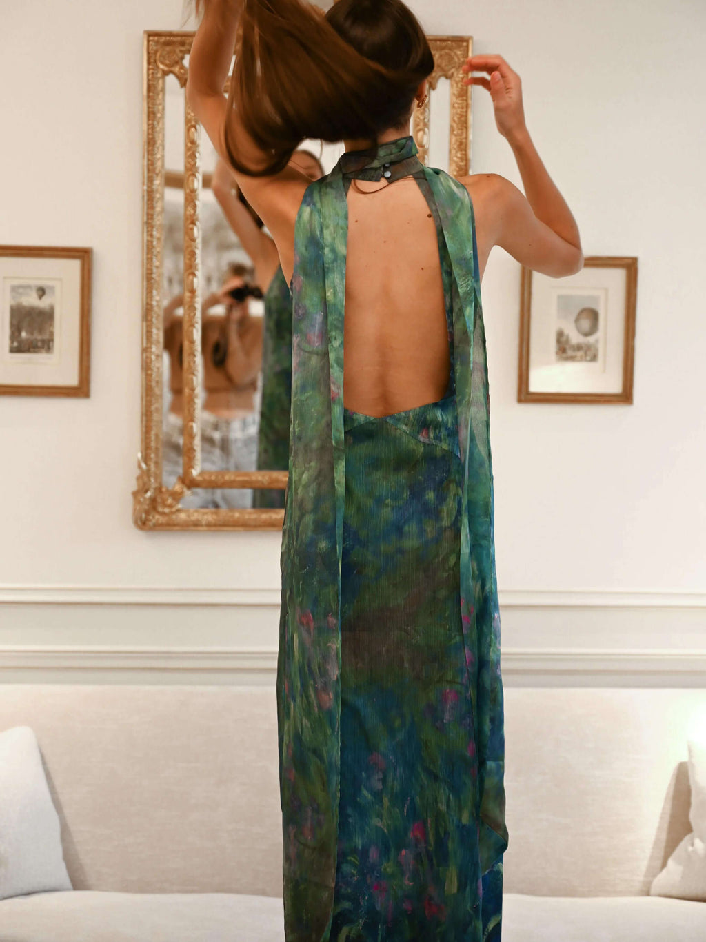 Halter Keyhole Criss Cross Waist Impressionist Print Plisse Maxi Gown