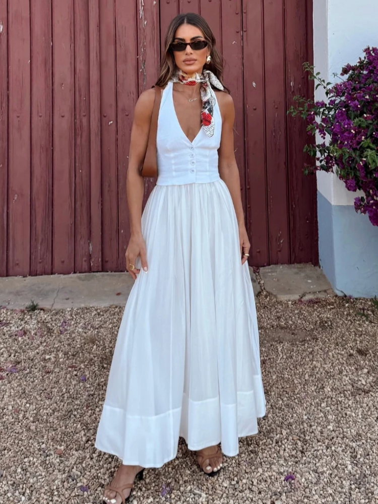 Deep V-Neck Sleeveless Button Vest Pleated Hem Maxi Skirt Set