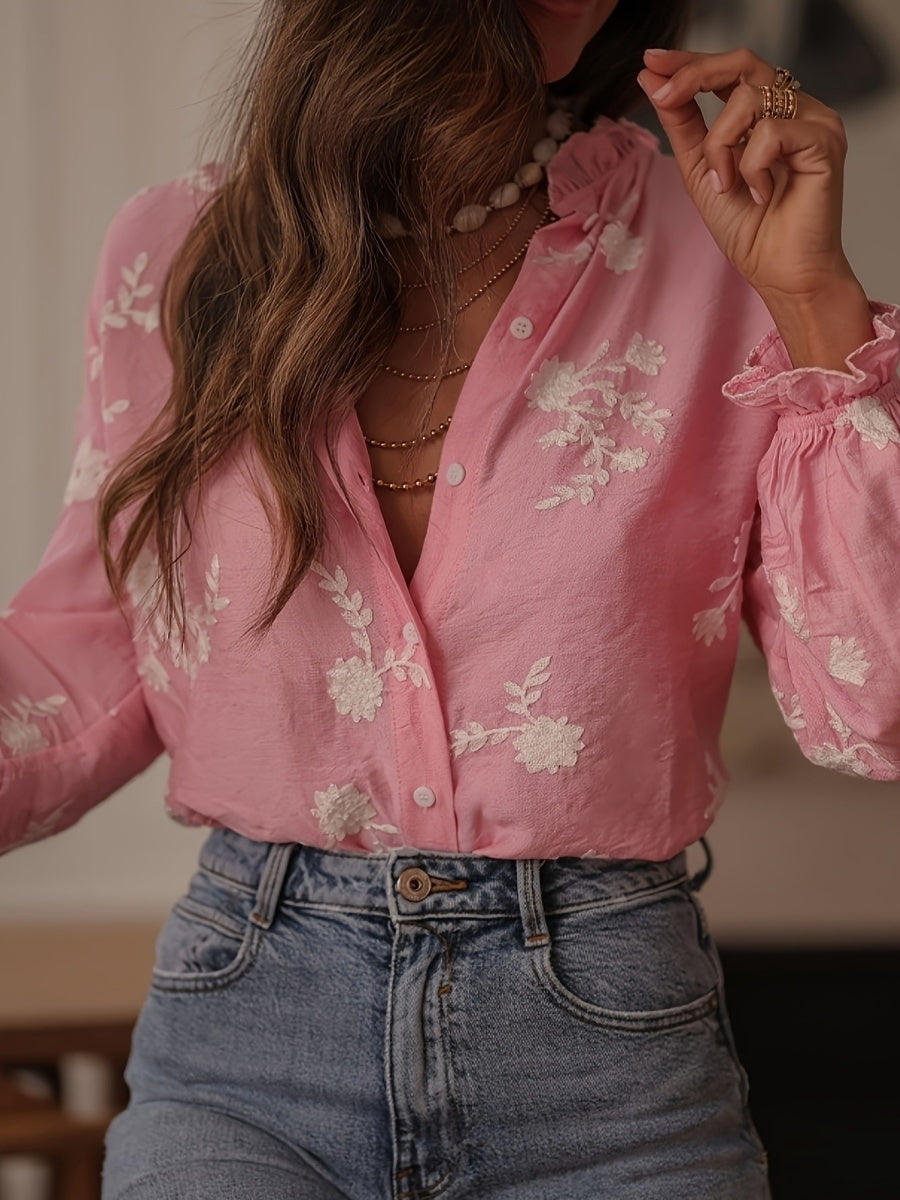 Floral Embroidery Color-blocked V-neck Lantern Sleeve Shirt